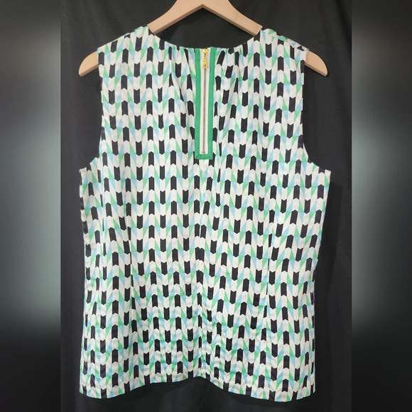 Green Blue Geometric Womens Silk Blend Top Size L Eclectic Artsy Contemporary - Picture 6 of 7